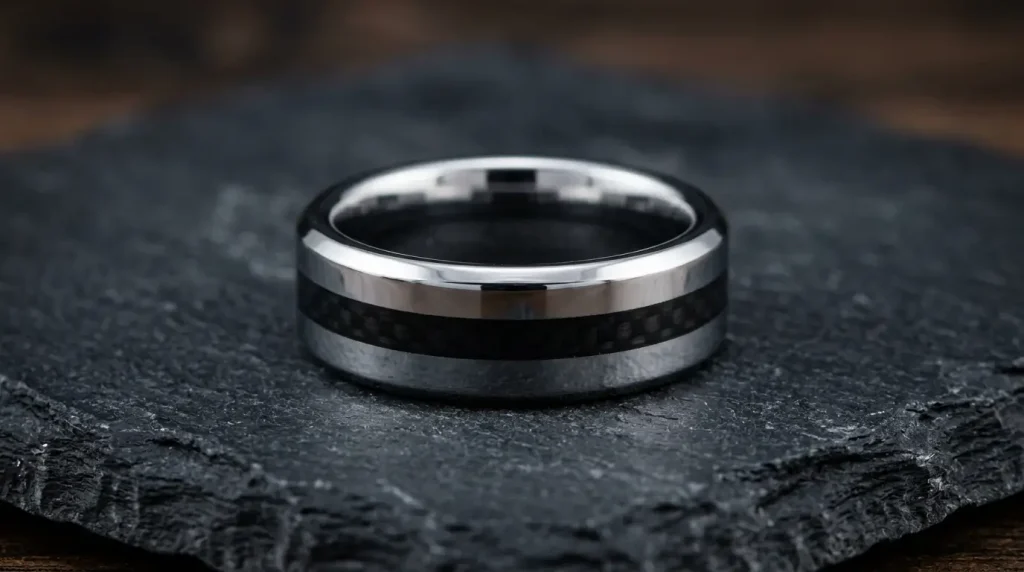 21. Polished Tungsten Band with Black Inlay