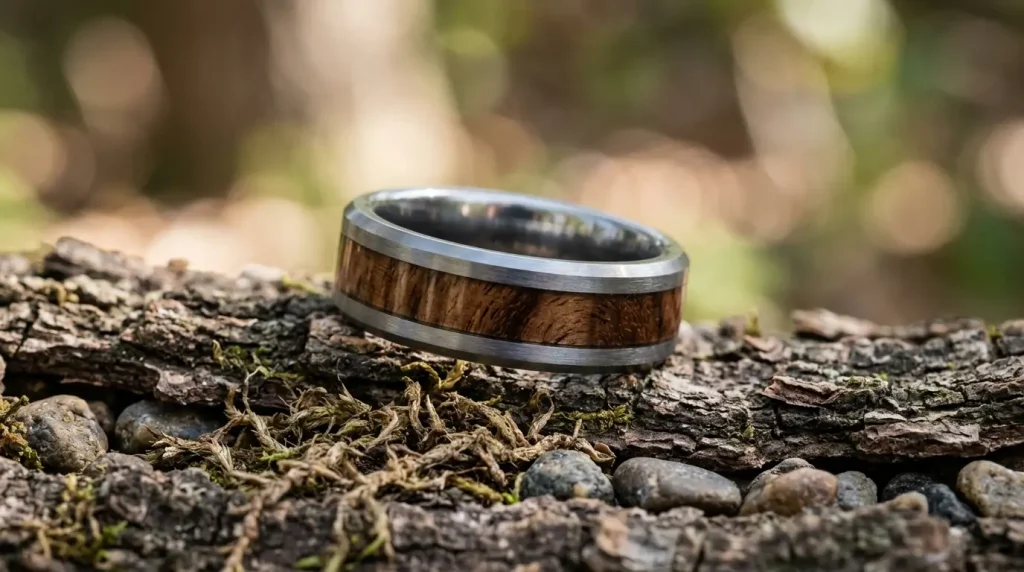 7. Wood Inlay Tungsten Ring