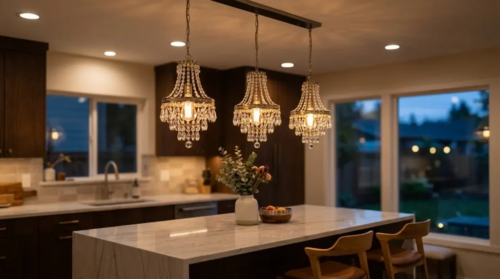 8. Soft Lighting with Crystal-Accented Pendants