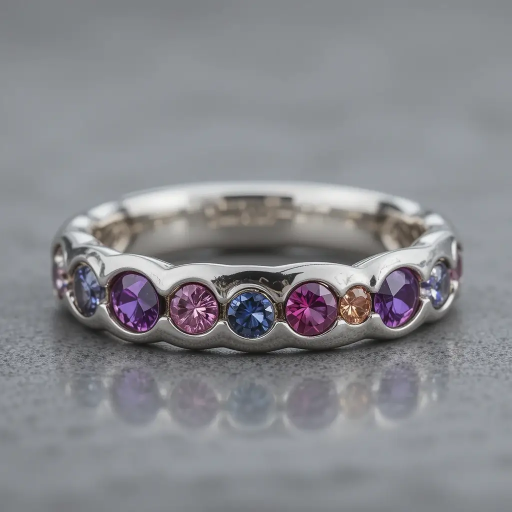 Bezel Set Wedding Band with Colored Gemstones