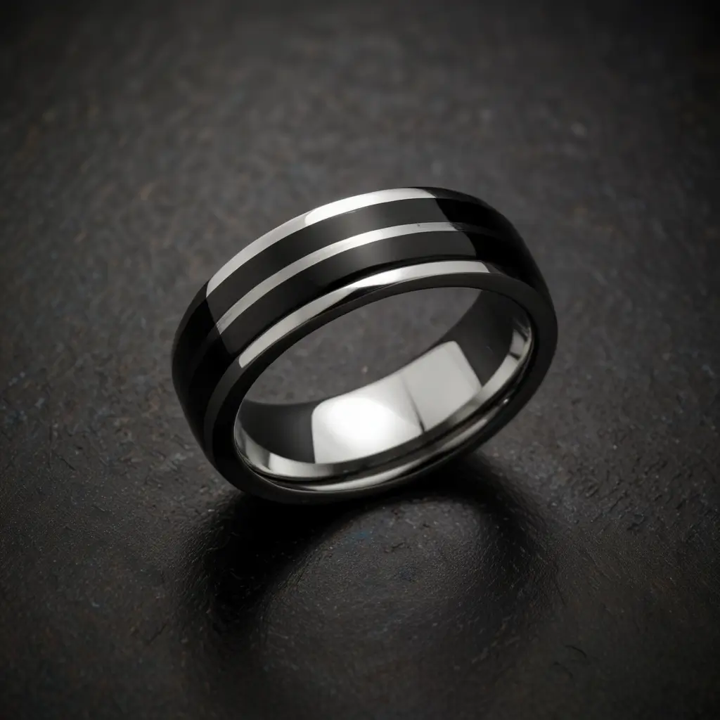 Polished Tungsten Band with Black Inlay