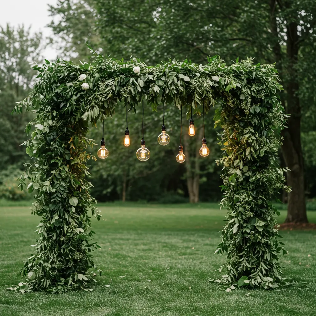Arch Covered in Greenery and Hanging Edison Bulbs