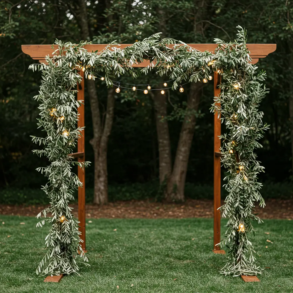 Arch Draped with Olive Branches and Soft White Lights