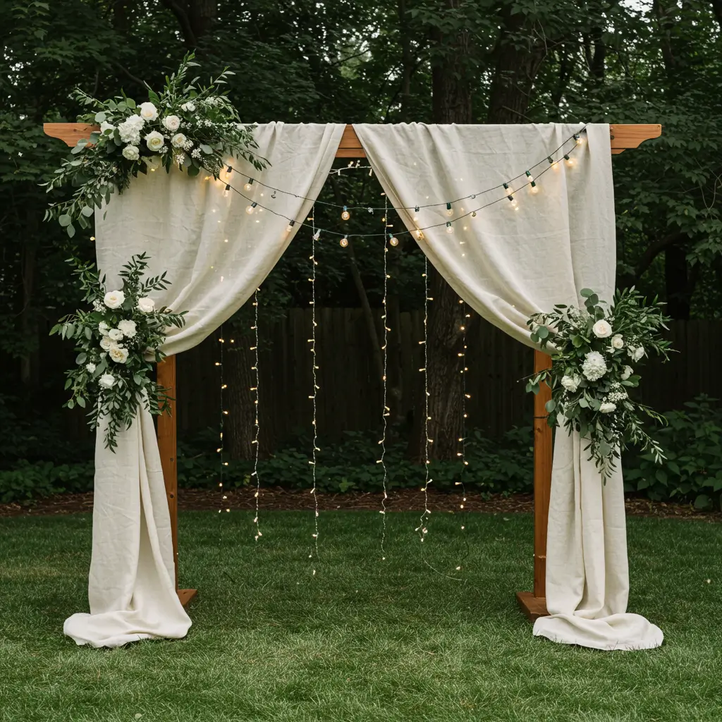 Arch Draped with Soft Linen and Twinkle Lights