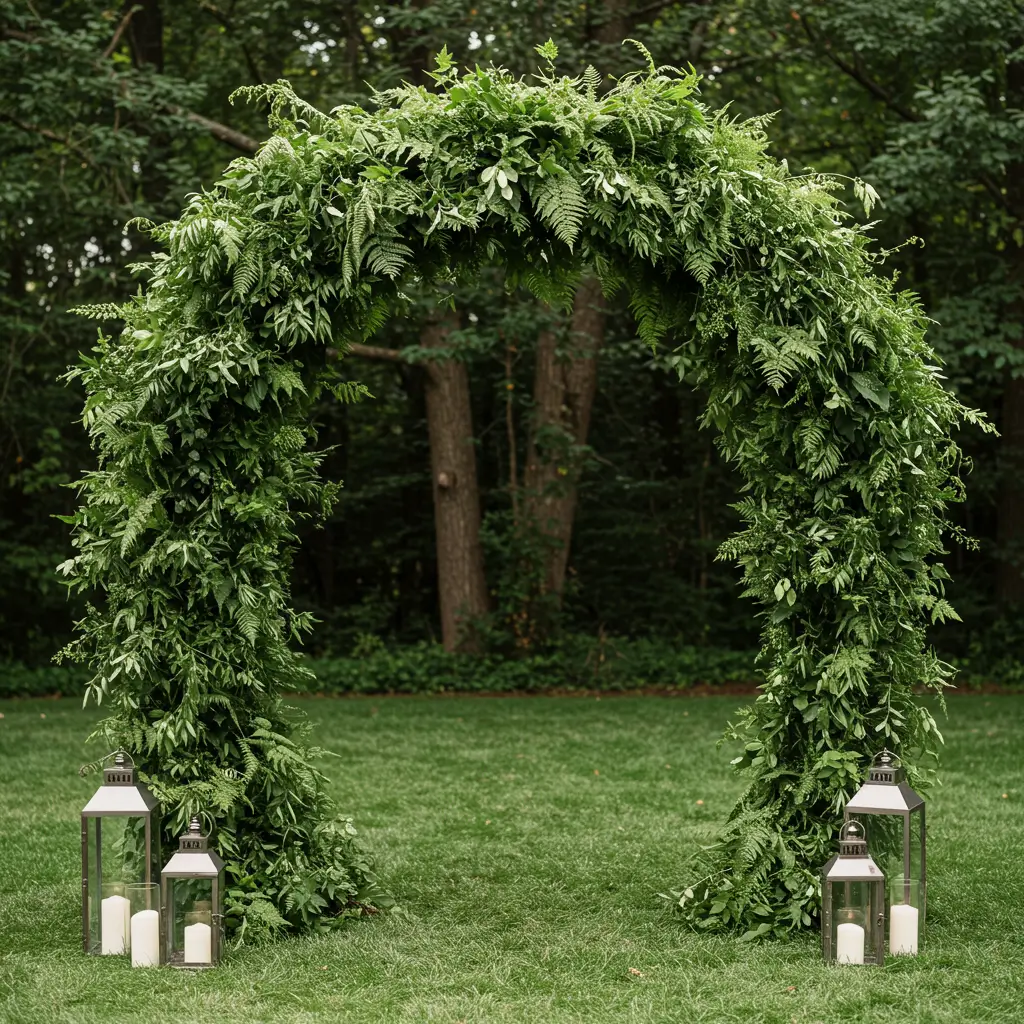 Arch Wrapped in Ferns and Soft Lantern Lights