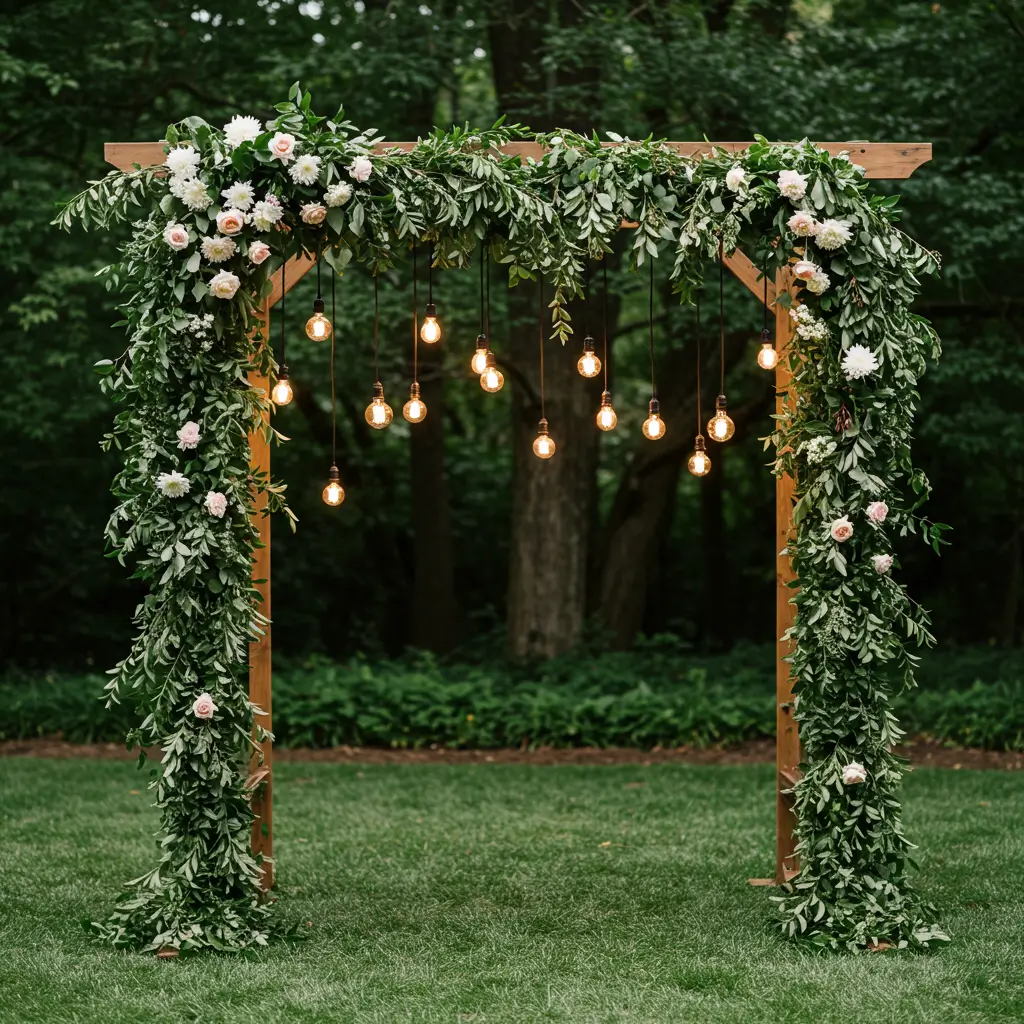 Arch with Cascading Greenery and Hanging Bulb Clusters