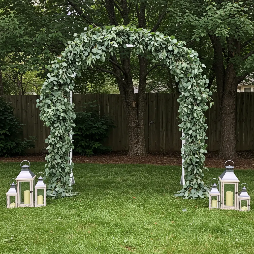 Arch with Eucalyptus Garland and Lanterns on Ground
