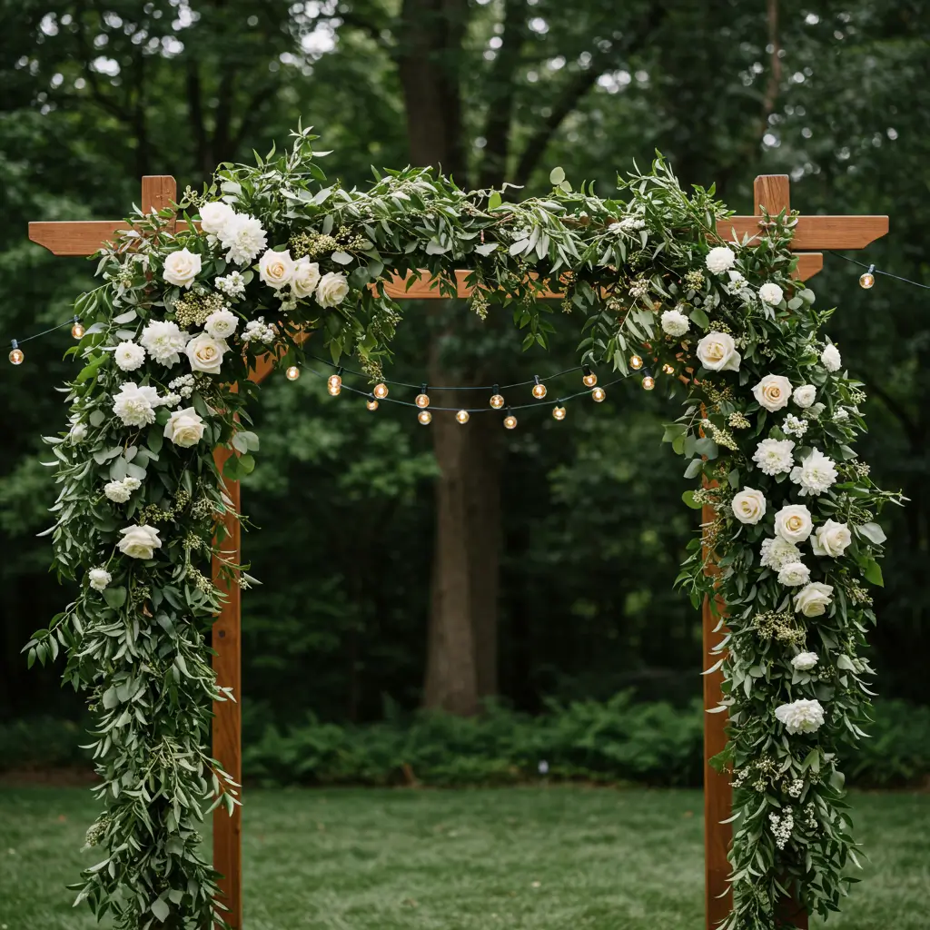 Arch with Mixed Greenery, White Roses, and String Lights