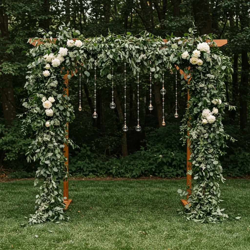 Arch with Mixed Greenery and Crystal Fairy Lights