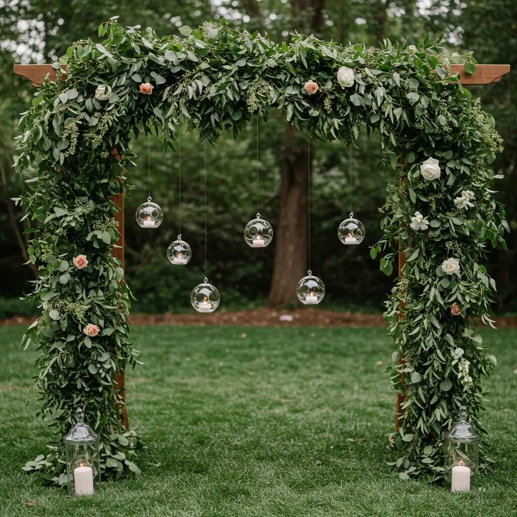 Arch with Mixed Greenery and Hanging Glass Orbs