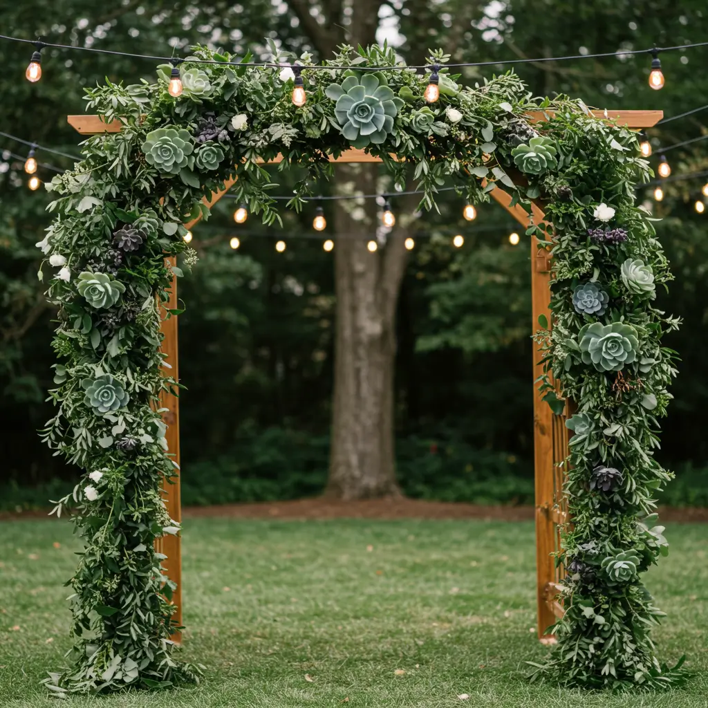 Arch with Succulent Greenery and Soft String Lights