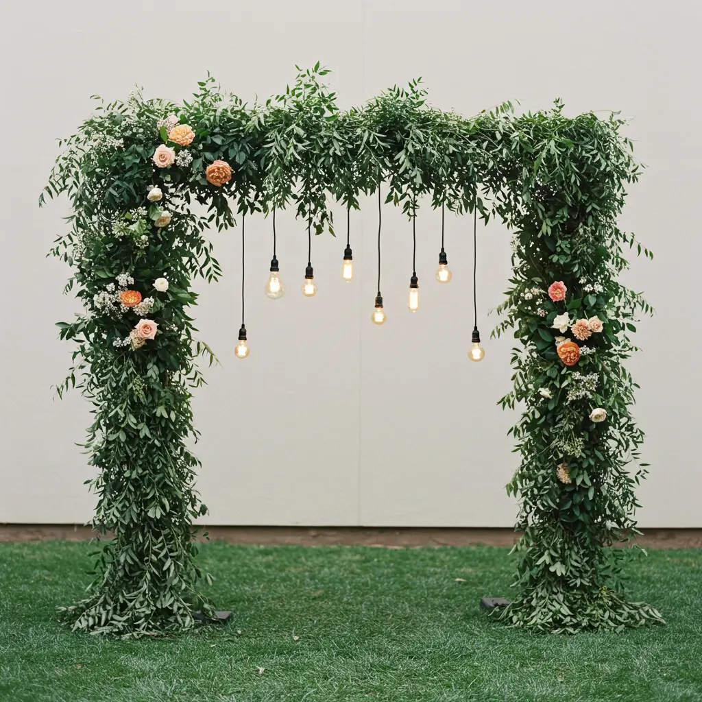 Asymmetrical Arch with Wild Greenery and Hanging Bulbs
