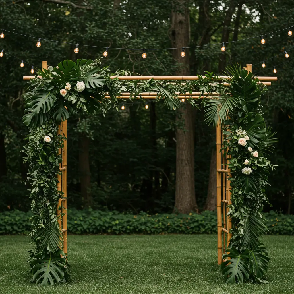Bamboo Arch with Tropical Greenery and String Lights