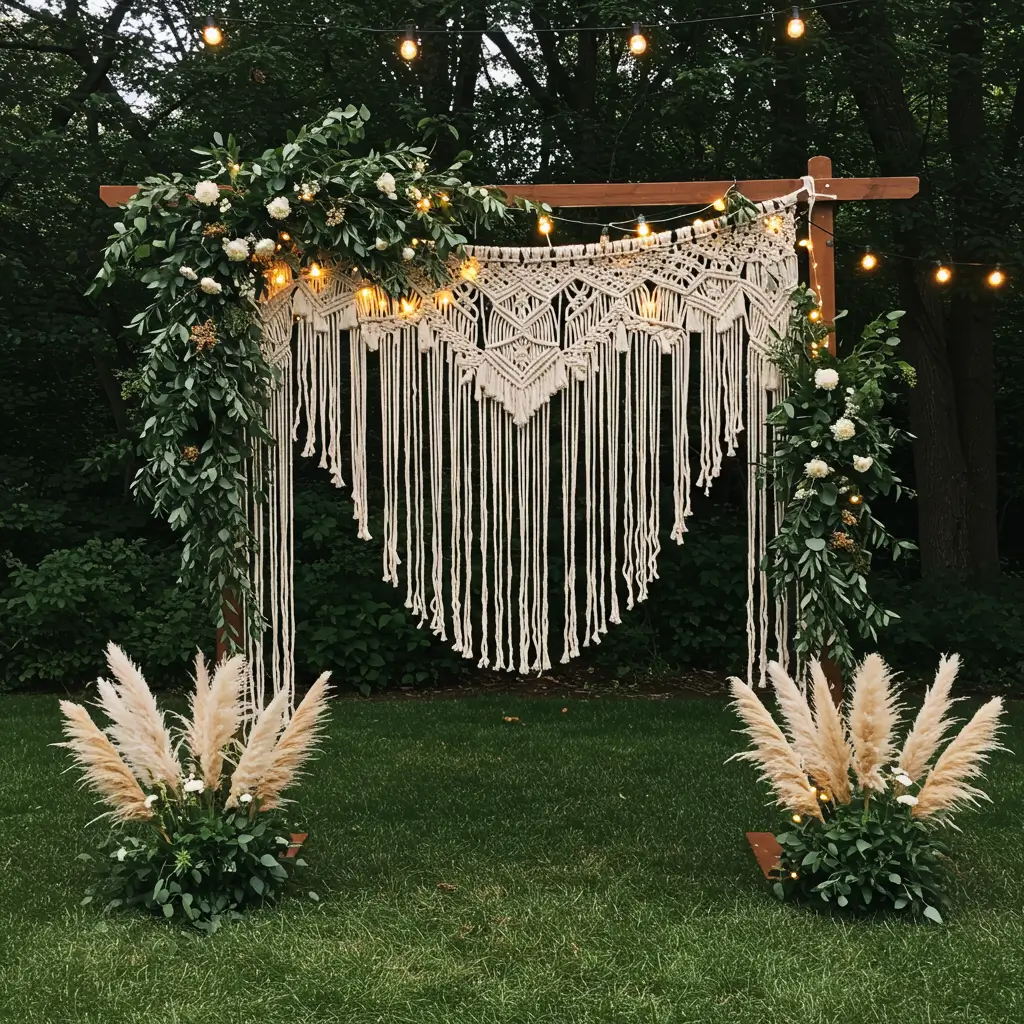 Boho Macrame Arch with Greenery and Fairy Lights