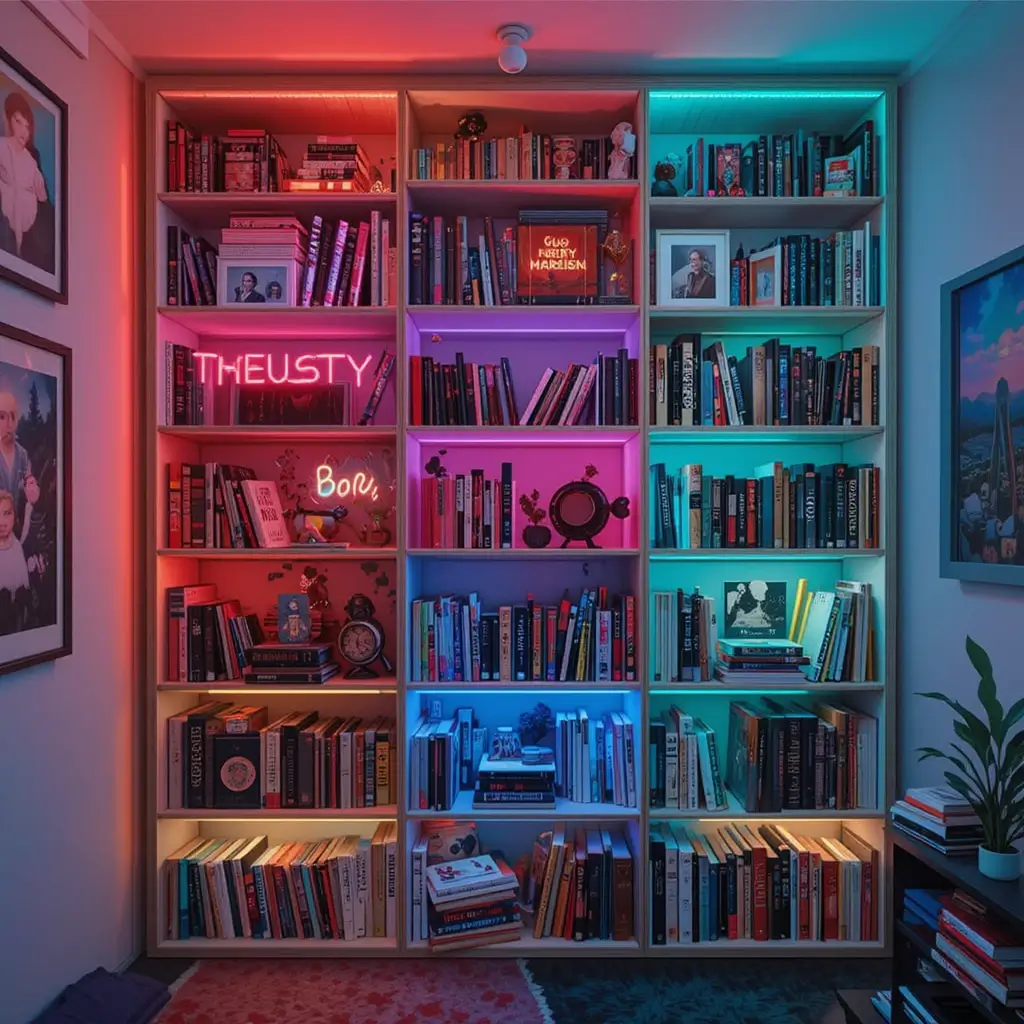 Bookshelf with Built In Neon Signs