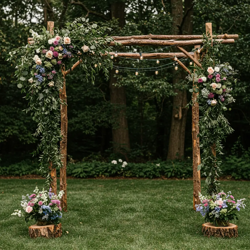 Branch Arch with Wildflowers and Fairy Light Canopy