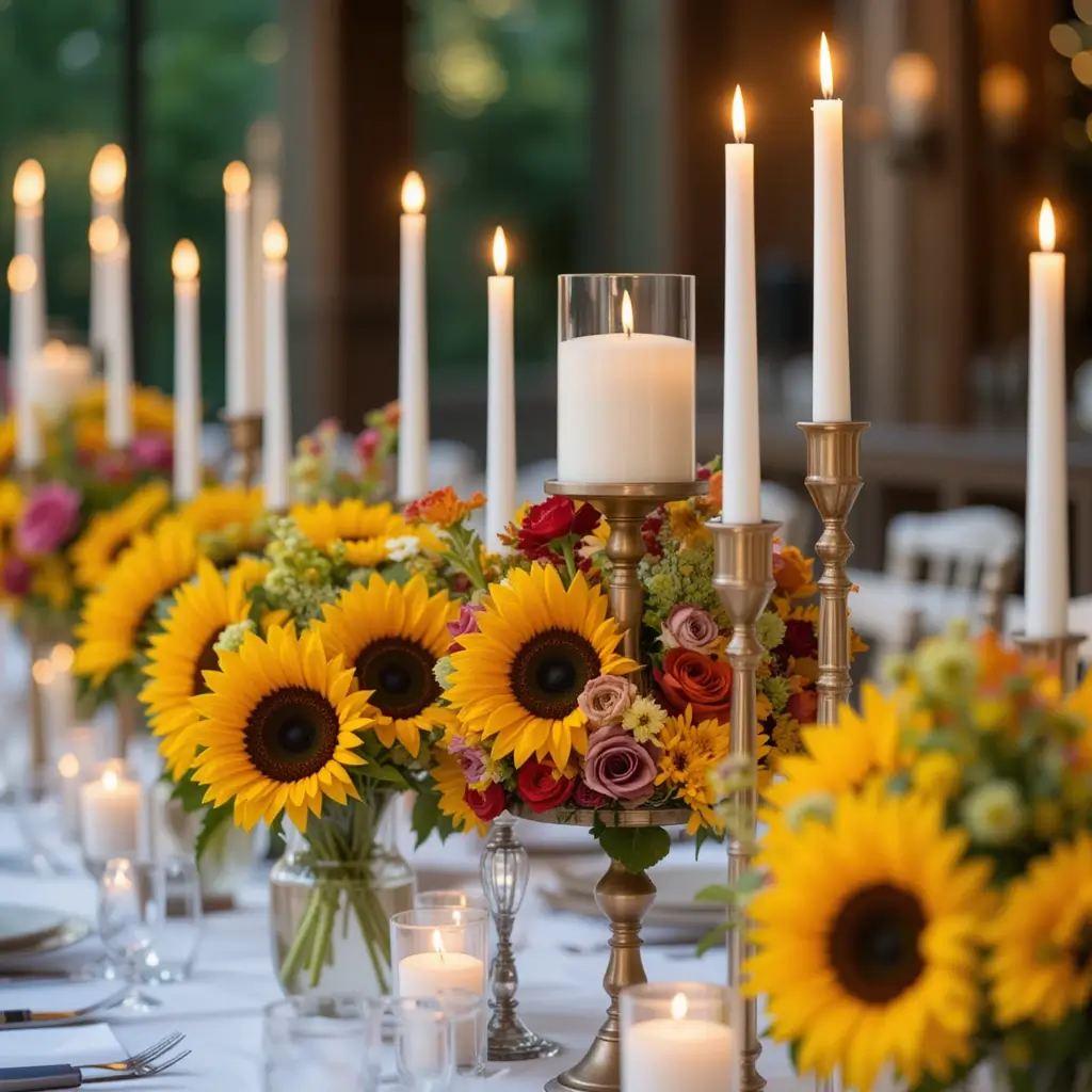 Bright Sunflowers and Tall Candles