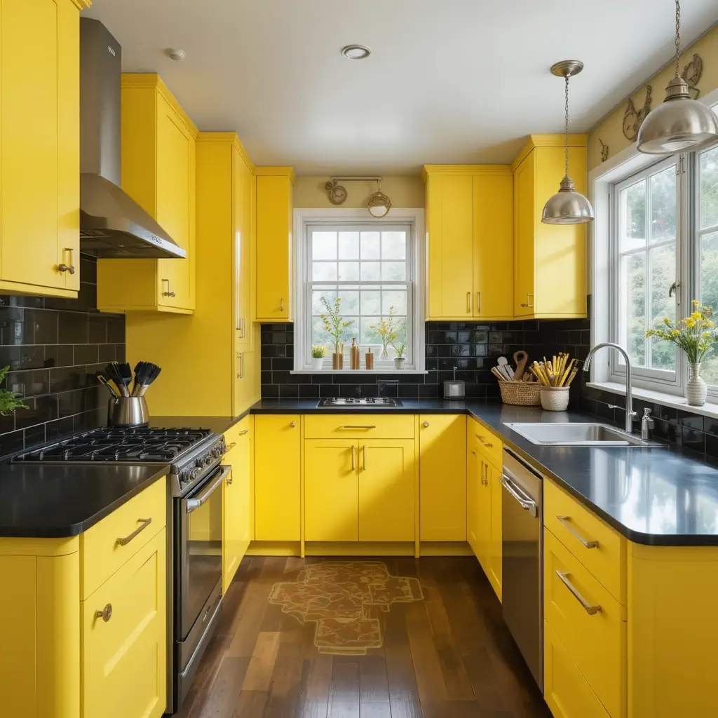 Bright Yellow Cabinets and Black Counters