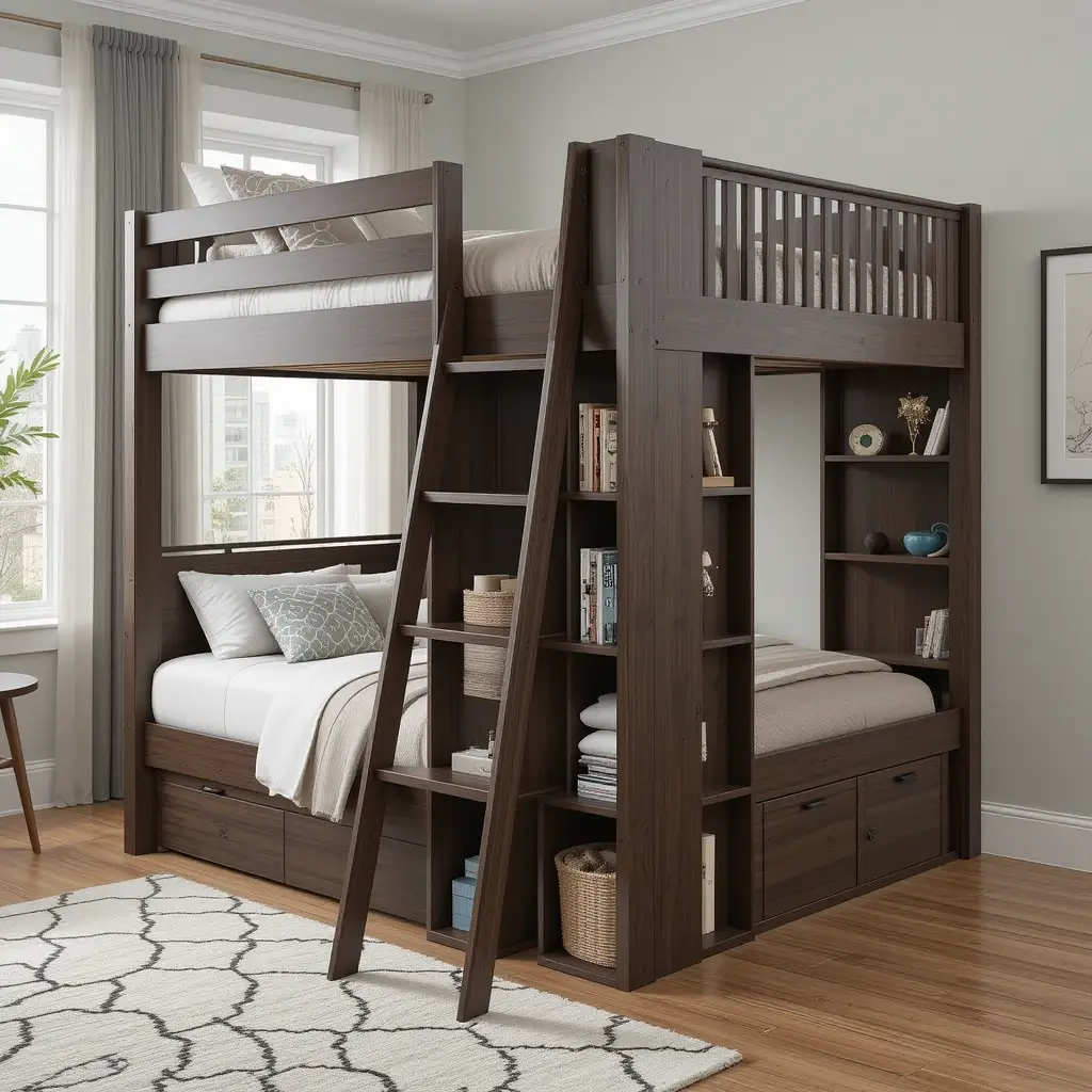 Bunk Bed with Built-In Ladder and Shelving