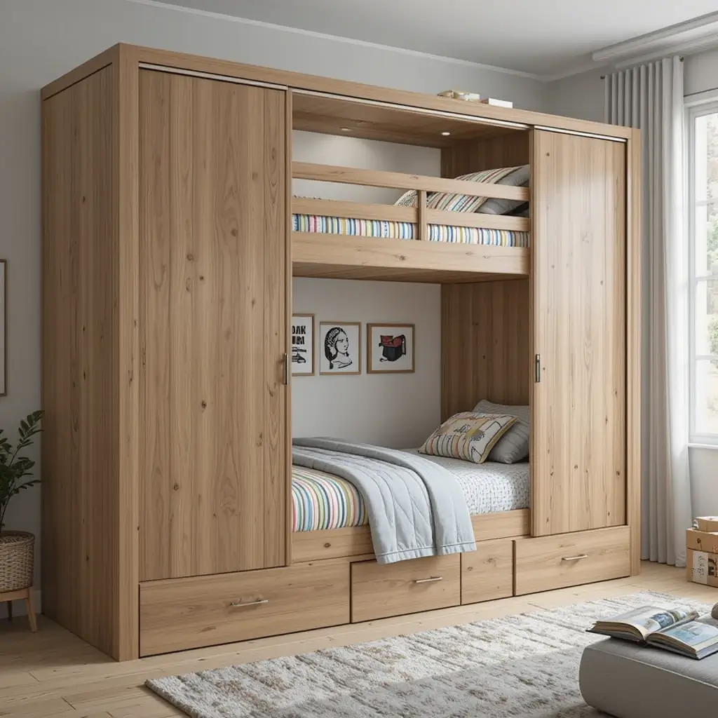 Bunk Bed with Sliding Doors for Hidden Storage