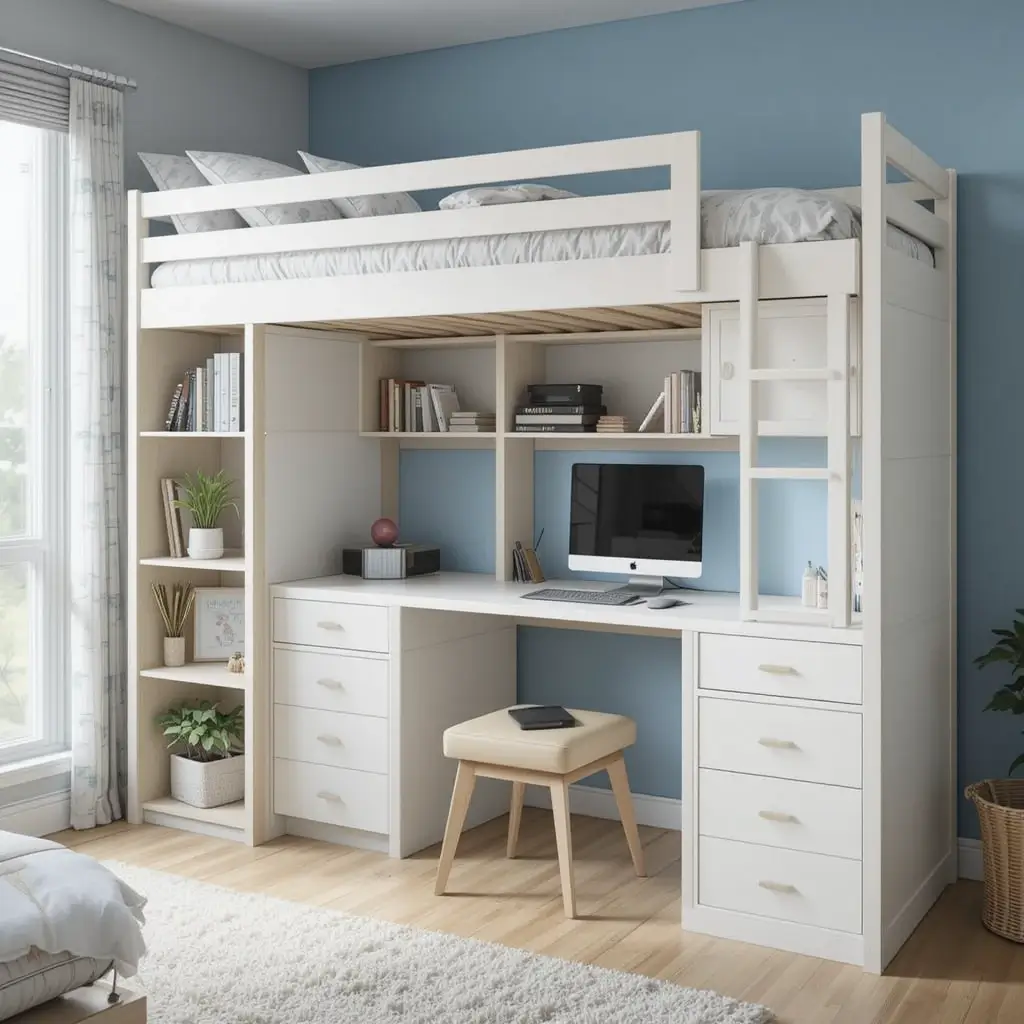 Bunk Beds with Built-In Desk and Bookshelf Combo
