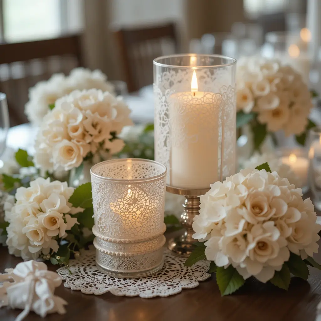 Candle Holders with Lace Details and Soft Blooms