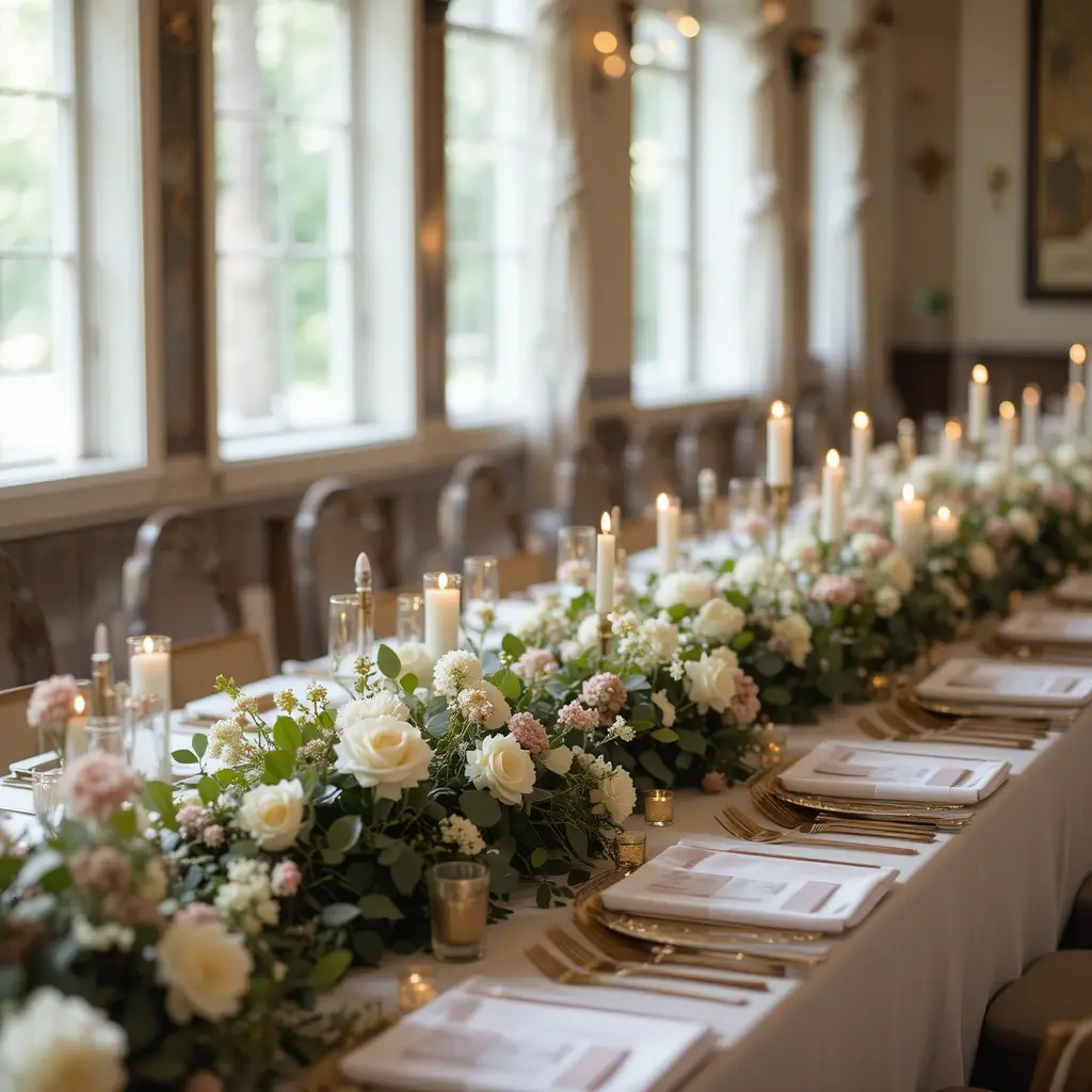 Candle and Flower Garlands Down the Table