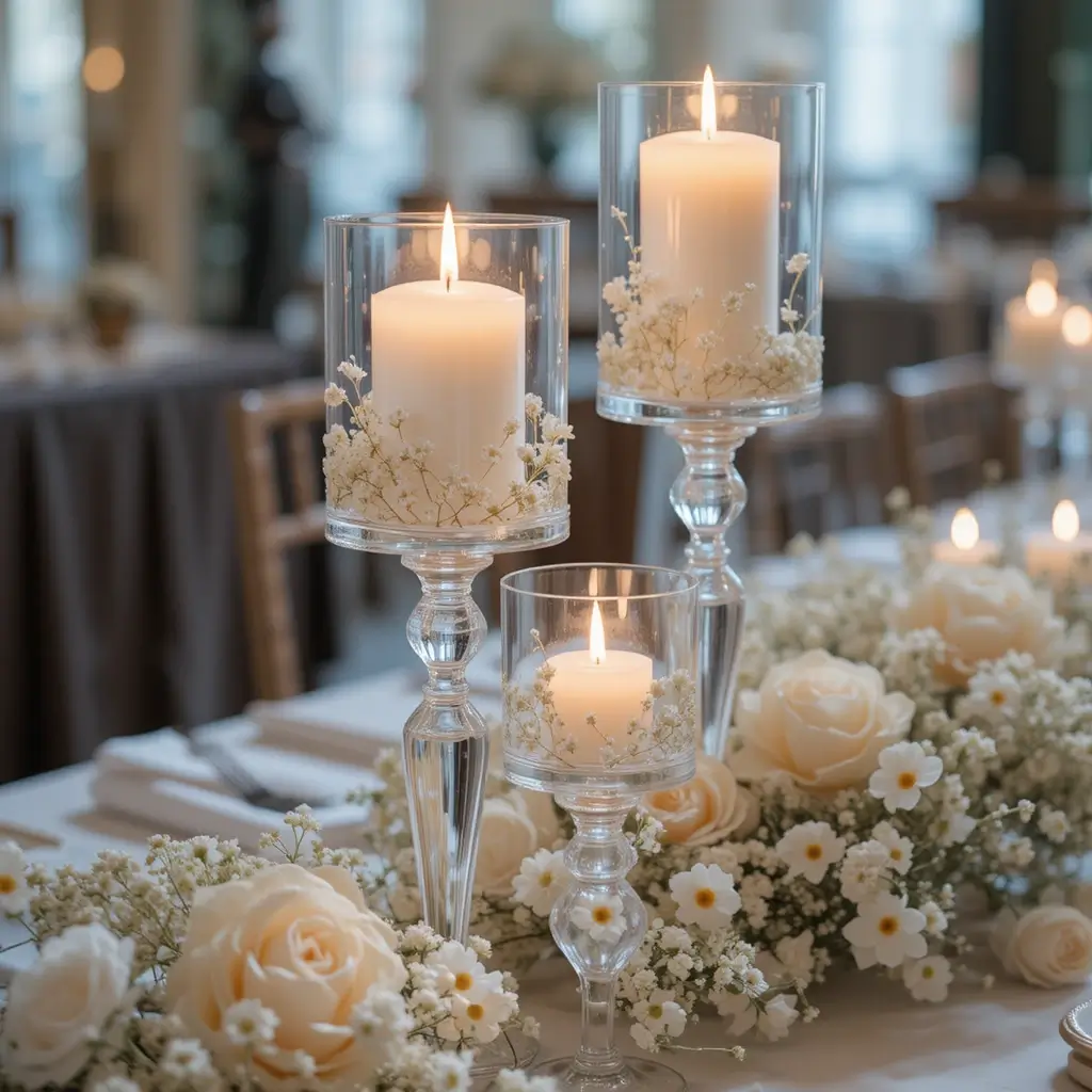 Candlelit Crystal Holders with Delicate Flowers