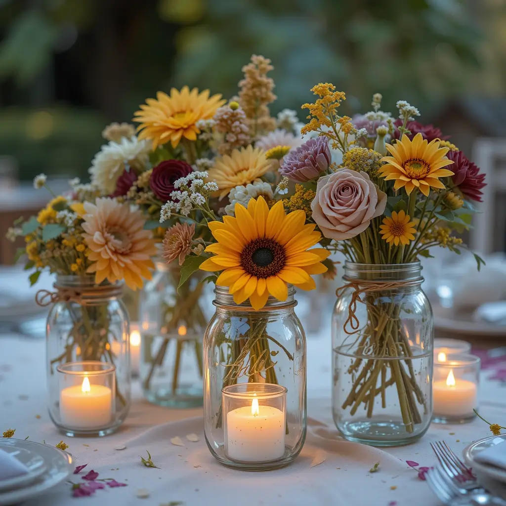 Candlelit Mason Jars with Seasonal Blooms