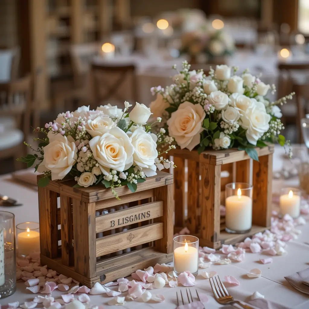 Candlelit Wooden Crates with Floral Accents