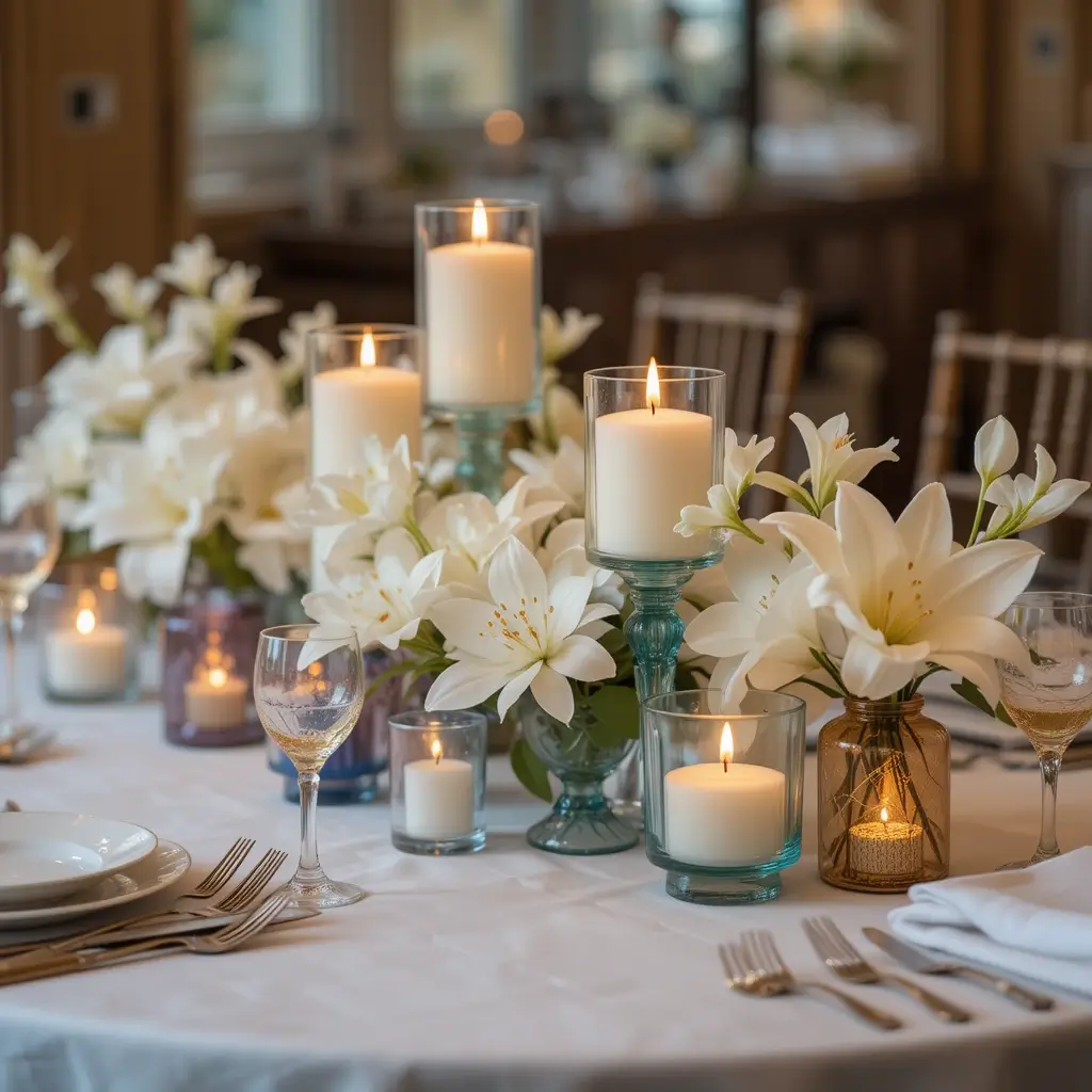 Candles in Colored Glass with Soft White Flowers