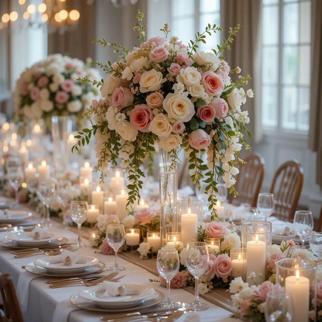 . Cascading Floral Centerpieces with Floating Candles
