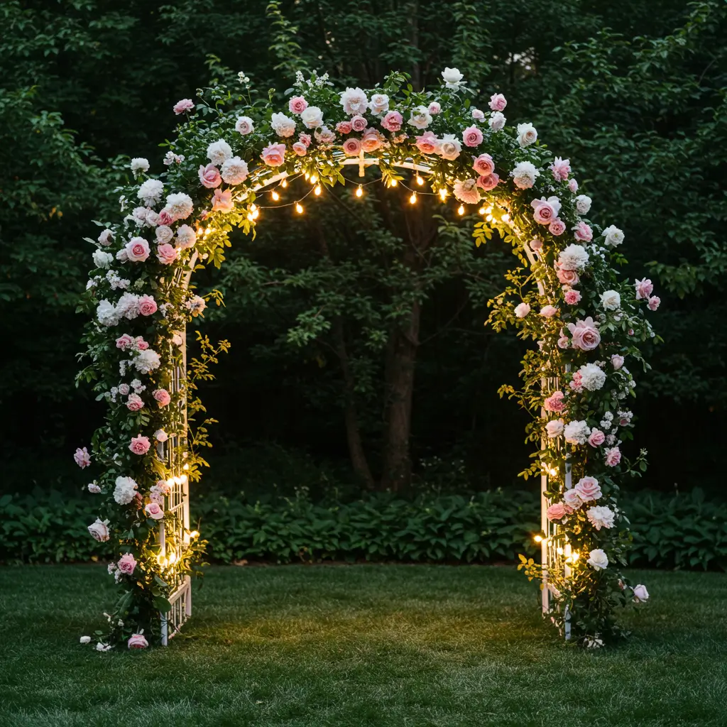 Classic Garden Arch Covered in Roses and Twinkle Lights