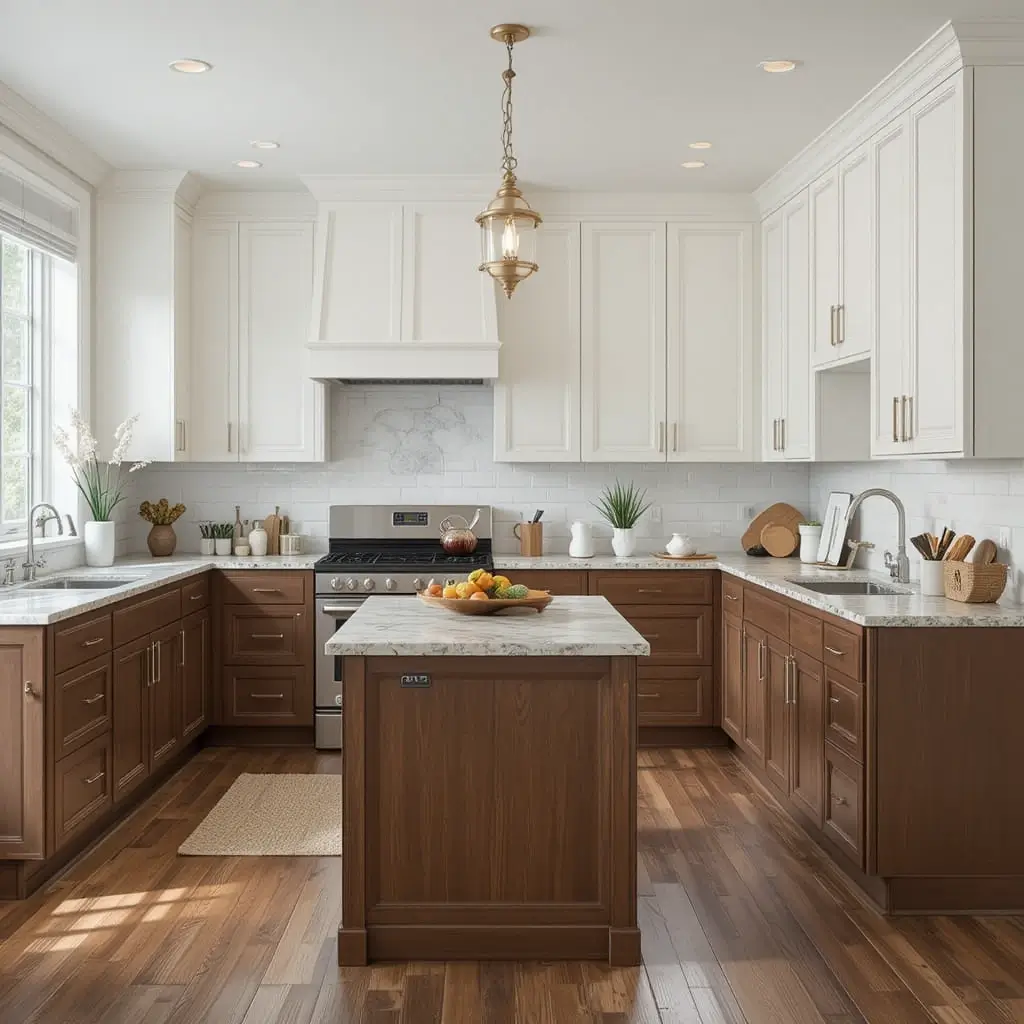 Combine Brown Cabinets with White Walls