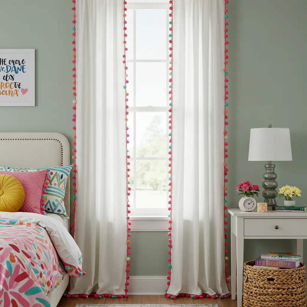 Curtains with Colorful Pom-Pom Trim