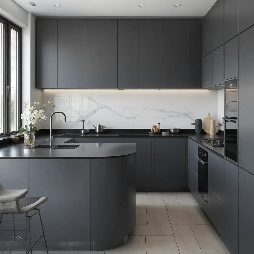 Dark Grey Cabinets and Black Countertops