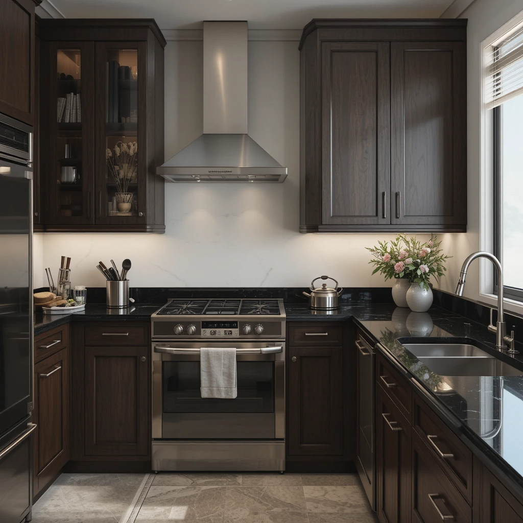 Dark Wood Cabinets with Black Countertops