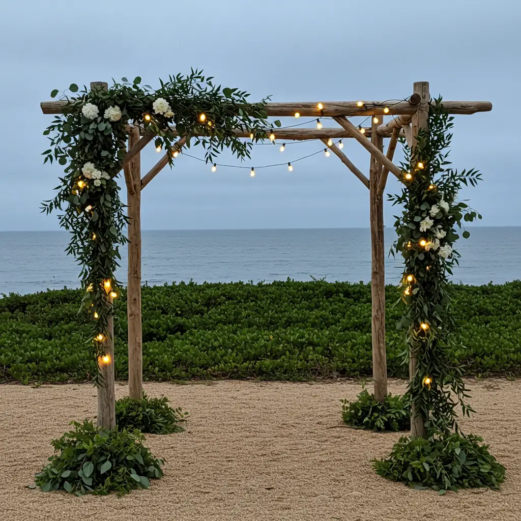 Driftwood Arch with Greenery and Fairy Light Wrap