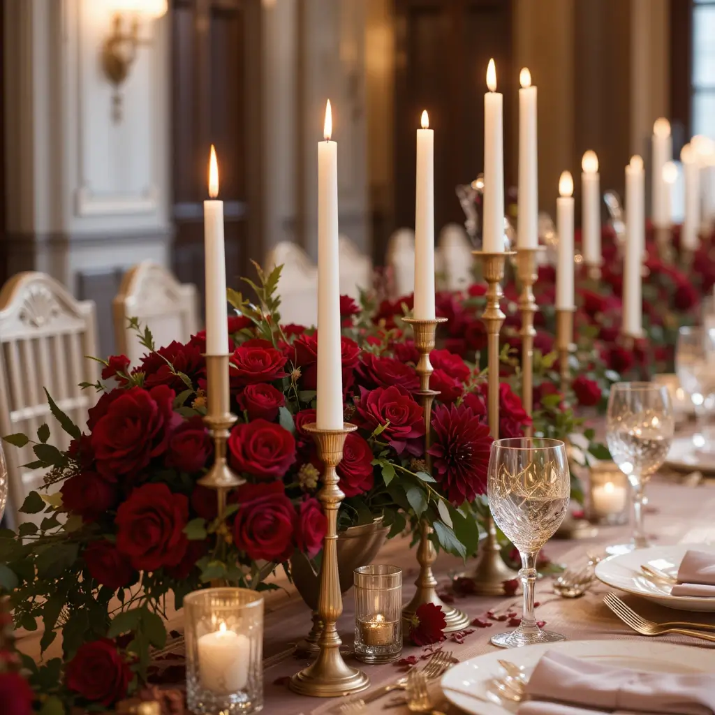 Elegant Gold Accents with Deep Red Flowers
