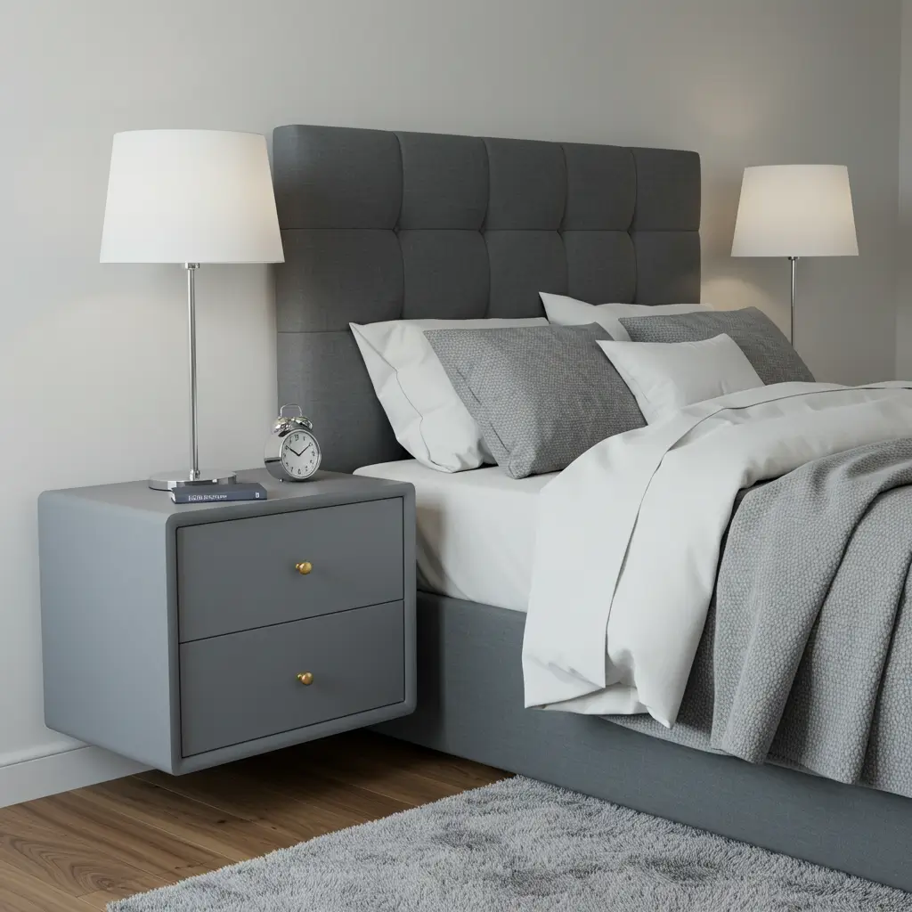 Floating Grey Nightstands and White Lamps
