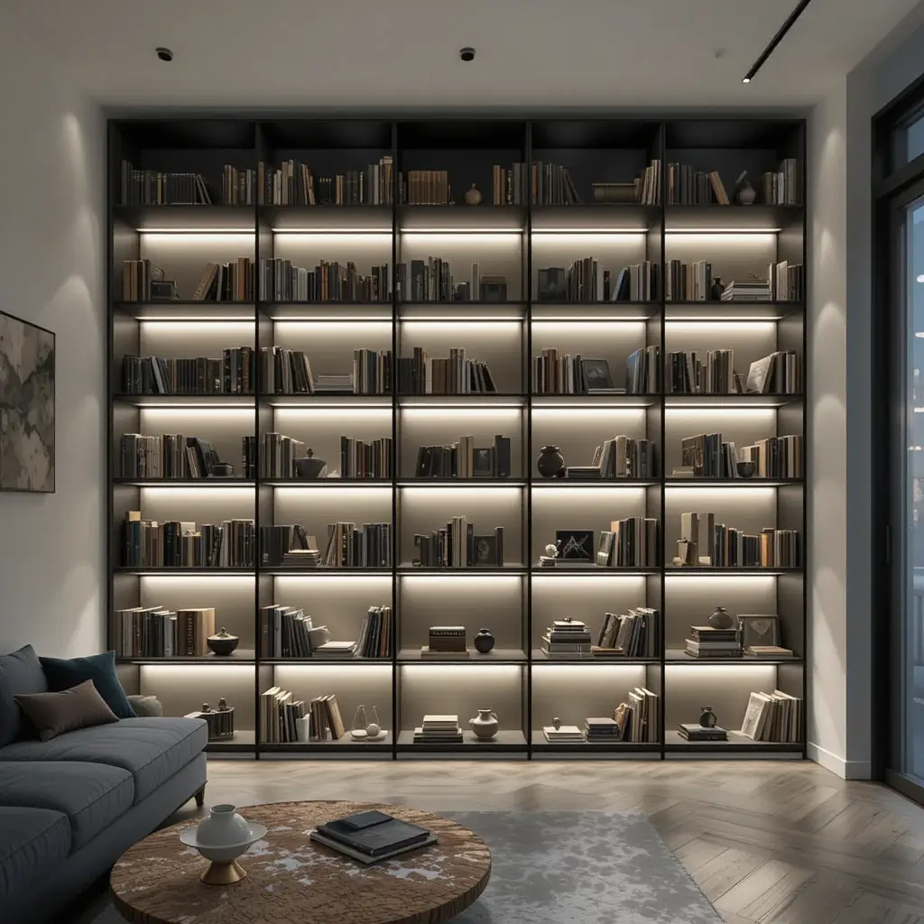 Floor Uplights Behind Shelves