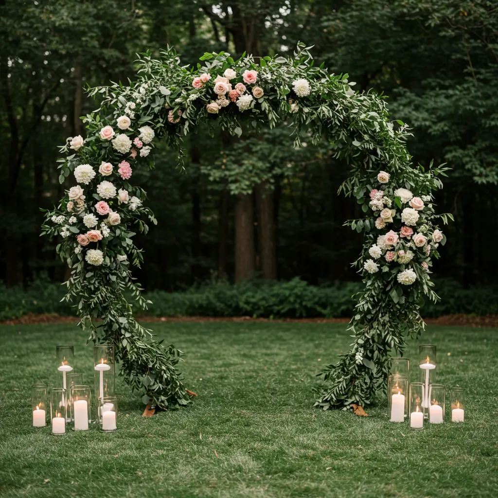 . Floral and Greenery Arch with Candles in Glass Holders