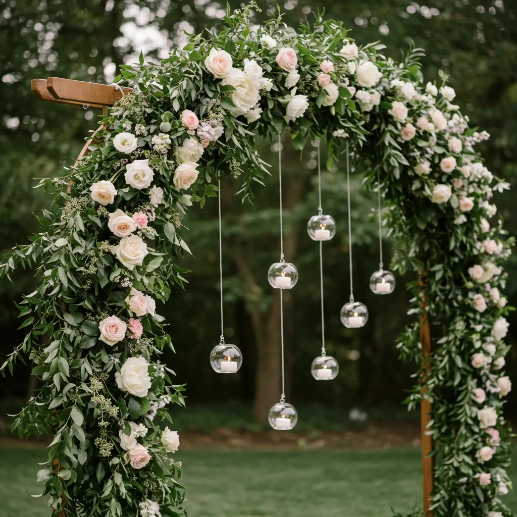 Flower and Greenery Arch with Candles in Hanging Holders