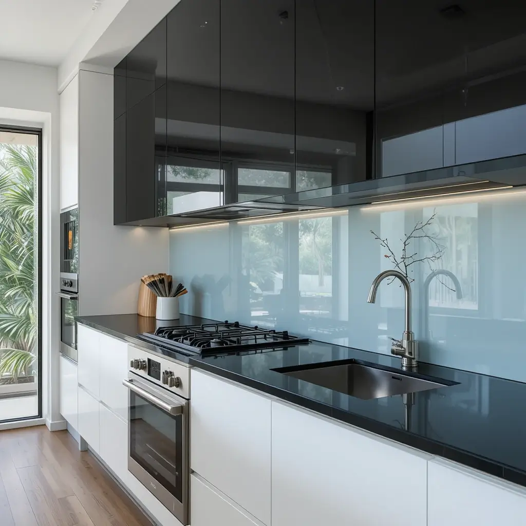 Glass Backsplash with Black Countertops