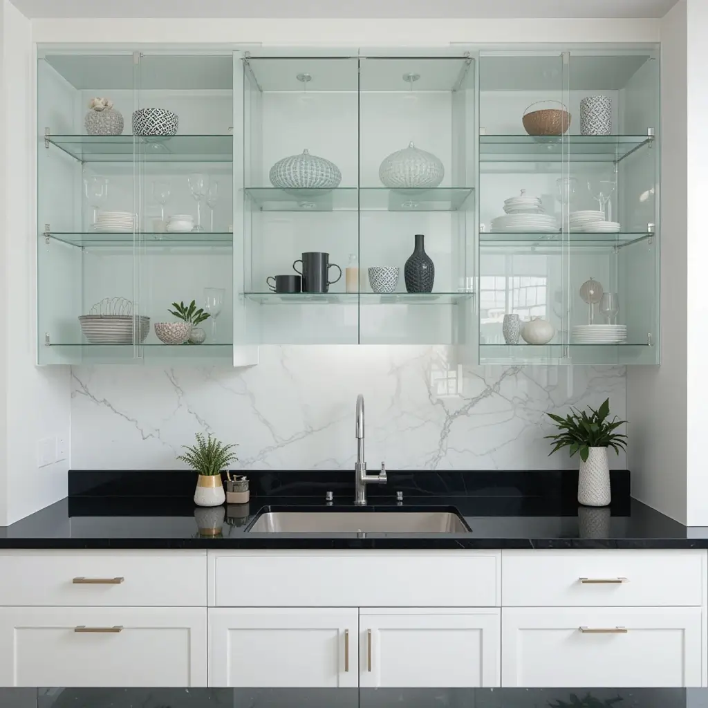Glass Cabinets with Dark Black Countertops