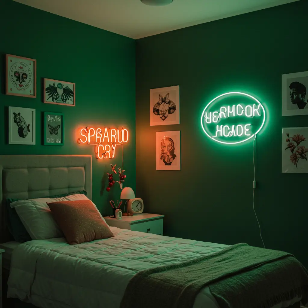 Green Walls and Neon Sign Combo