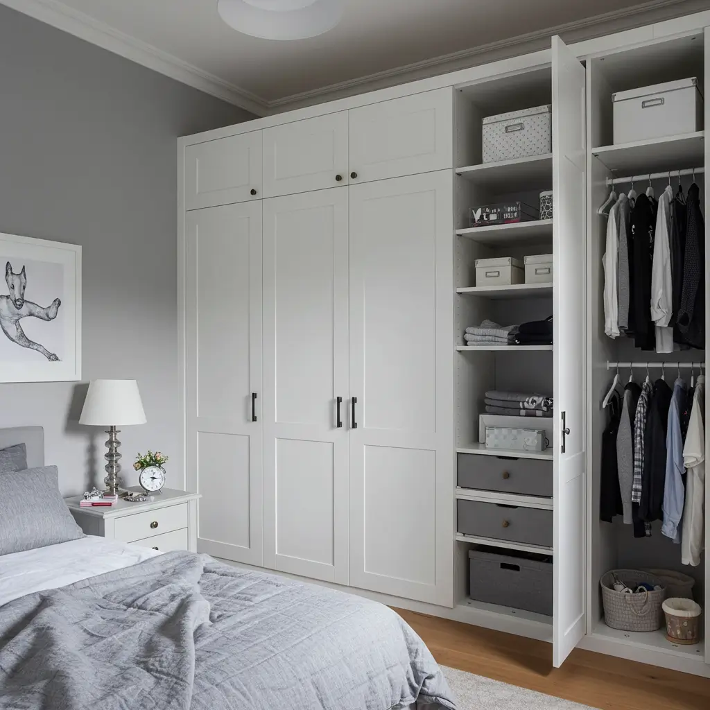 Grey Built-In Closet with White Doors
