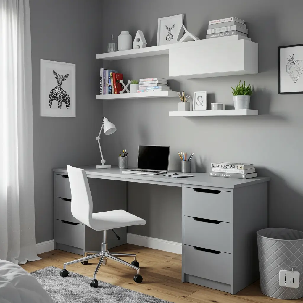 Grey Desk with White Shelves
