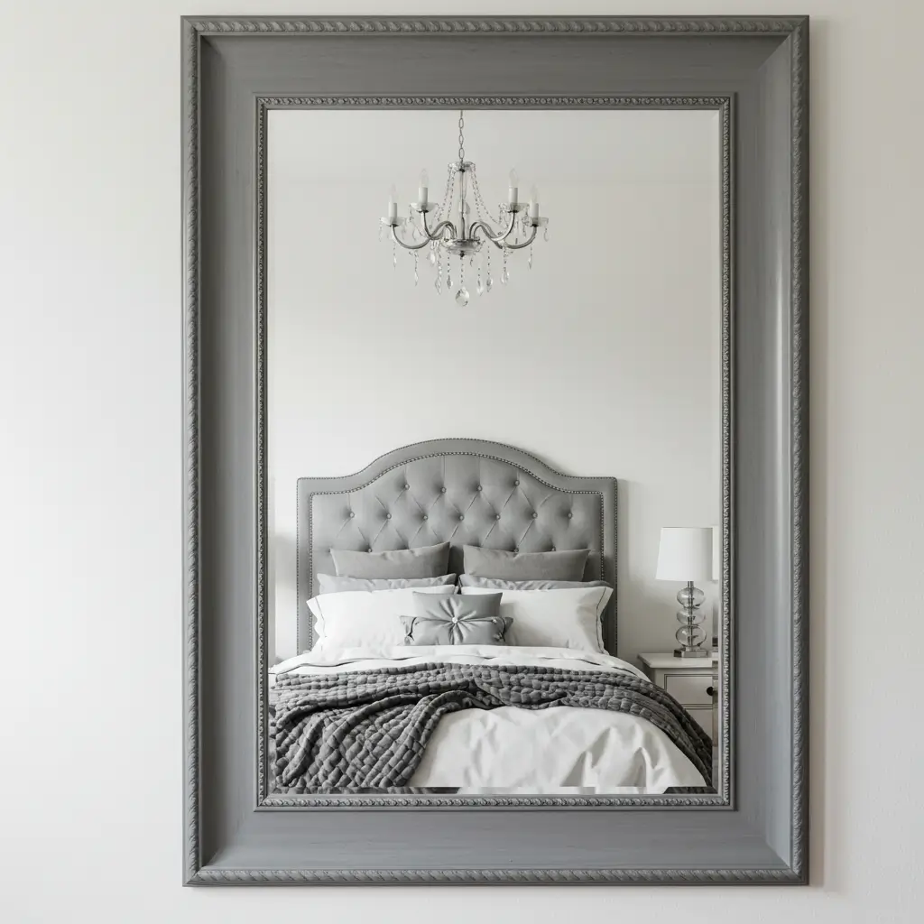 Grey Framed Mirror on White Wall