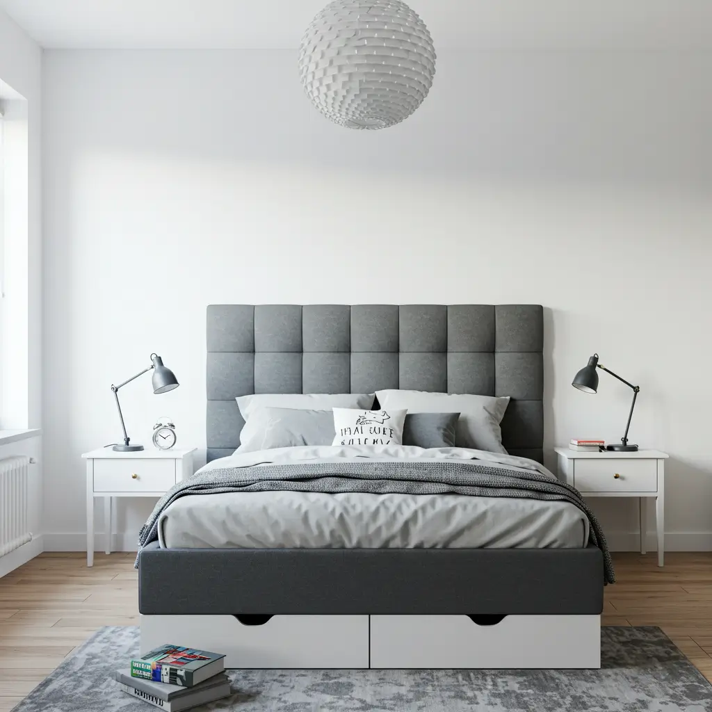 Grey Headboard Against White Wall